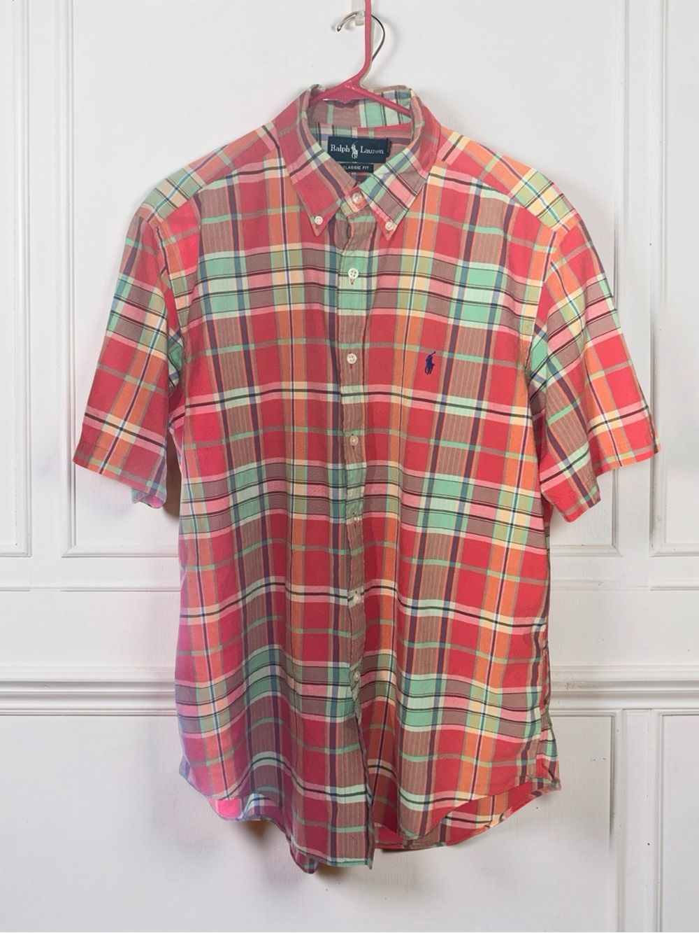 Ralph Lauren Plaid Madras Classic Fit Short Sleeve Preppy Shirt Mens Large VTG